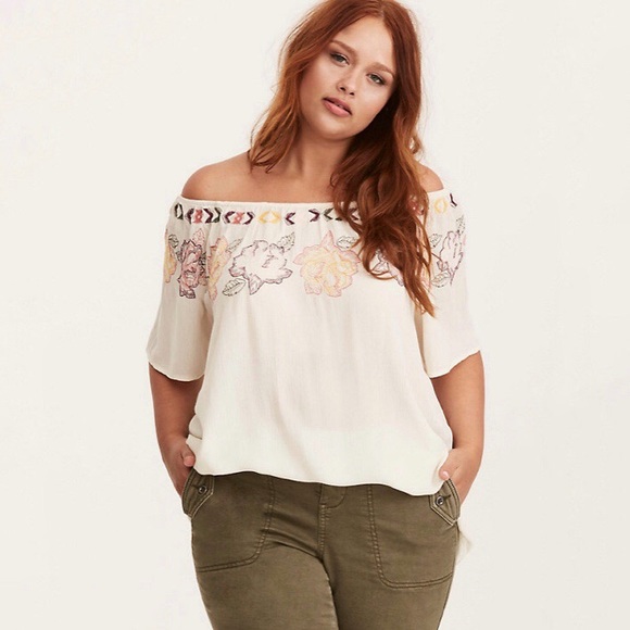 torrid Tops - Torrid Floral Embroidered Gauze Blouse Cream Ivory